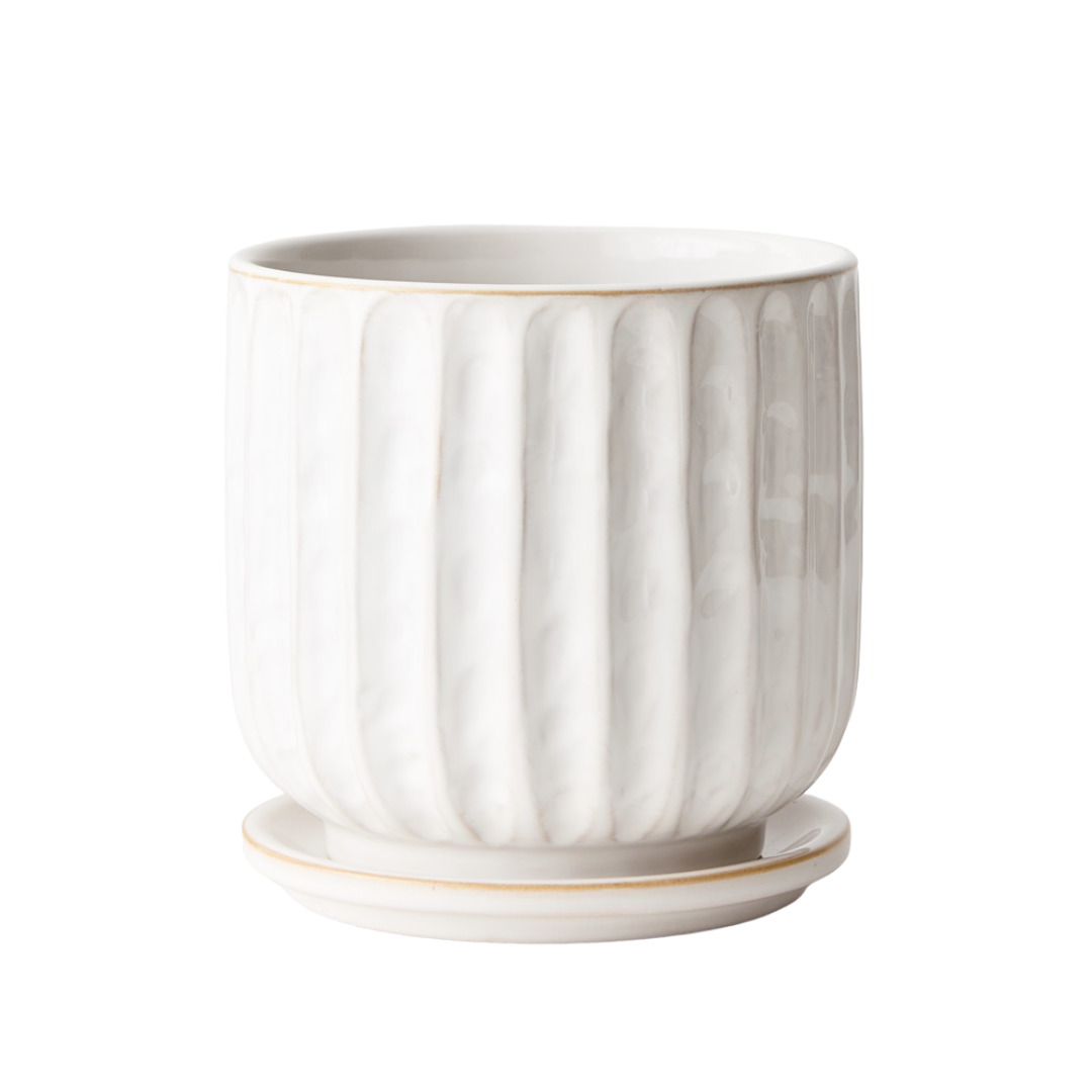 Clovelly Ceramic Decorative Indoor Plant Pot & Saucer with White Glaze