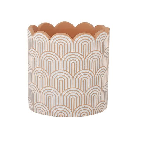 Arco Cement Decorative Indoor Plant Pot . Terracotta pot with white rainbow pattern, mid-century design, scalloped rim